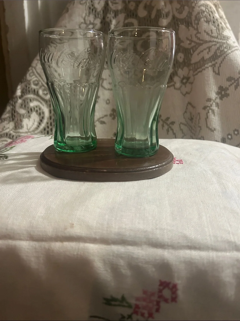 Vintage Green Embossed Glass Coca-Cola Style Tumblers - Set of 2